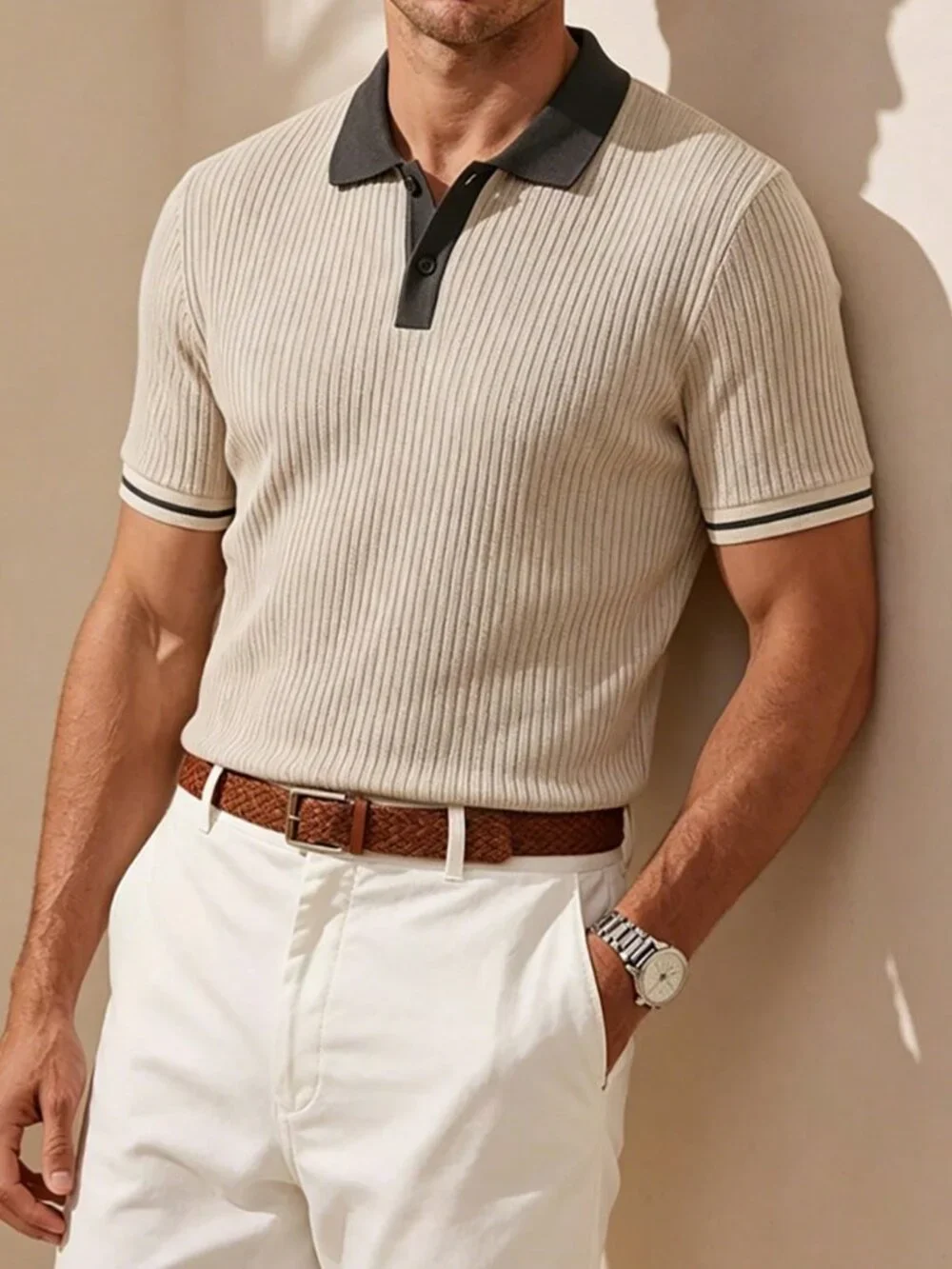 Apricot Sports Men's Classic Ribbed Contrast Color Knitted Polo Shirt